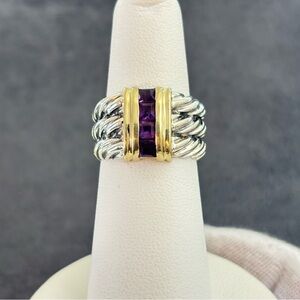 David Yurman 925 & 14k Gold Triple Cable Ring with Amethyst 5.5